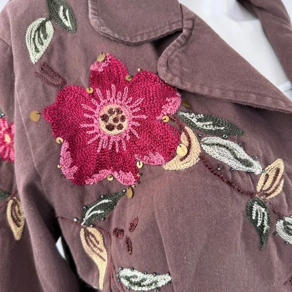 Passports Brown Beaded Jacket Size XL Floral Embroidery V-Neck Boho Artsy Casual - Picture 2 of 12